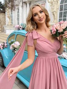 QOQ 甜美浪漫蝴蝶结装饰女士礼服夏季优雅伴娘礼服，适合浪漫婚礼、别致伴娘、晚宴、订婚派对粉色单肩高开叉伴娘长裙 - 粉色 - 查看 6