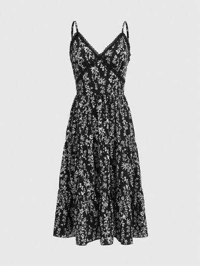 Goth Ditsy Floral Print Contrast Lace Cami Dress