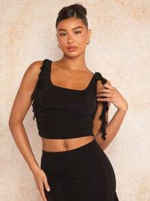 SHEIN BAE Top estivo con collo alto in pizzo per vacanze in spiaggia, carini top estivi, top Tankini, abiti per festival musicali - nero - Visualizzare 5