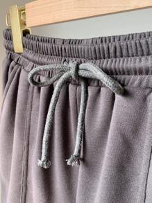 SHEIN Teen Girl Knitted Solid Color Loose Fit Shorts With Slanted Pockets And Drawstring For Casual Wear - Dark Grey - View 5