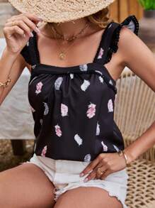 SHEIN Frenchy كاميسول ذو حمالات مزين بطبعات الريش والدانتيل، مناسب لفصل الصيف والعطلات