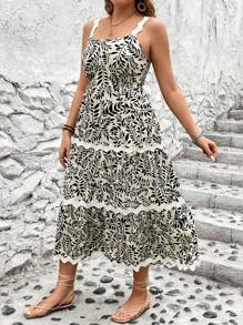 SHEIN Clasi Plus Size Women's Printed Fabric Layered Spaghetti Strap Dress - Multicolor - View 5