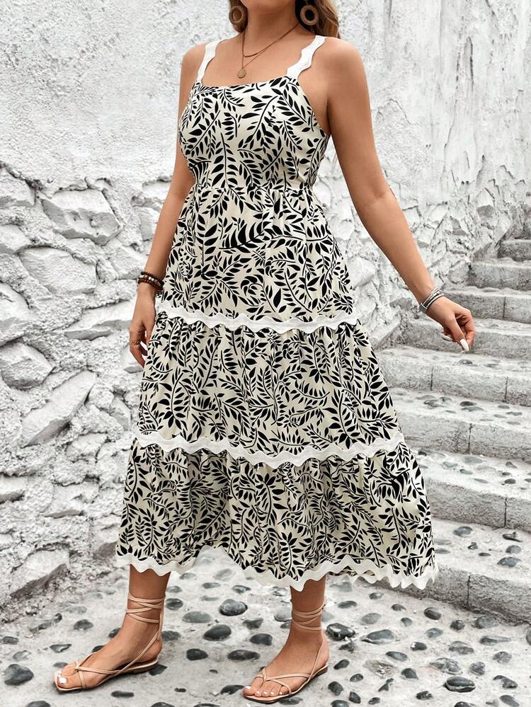 Plus Size Women's Printed Fabric Layered Spaghetti Strap Dress