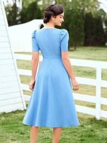 Vintamour 復古女裝藍色連衣裙，夏季服裝，開齋節連衣裙，長版連衣裙，夏日短裙套裝藍色連衣裙 - 藍色 - 查看 2