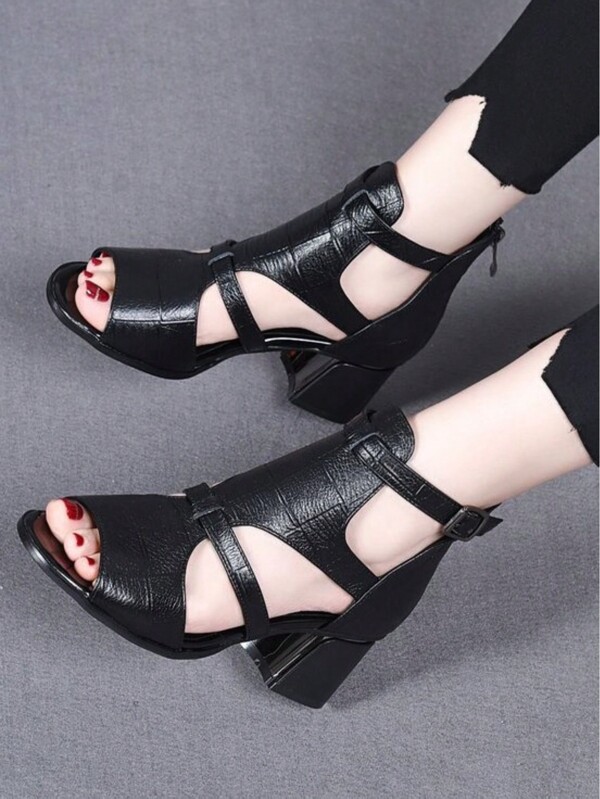 2025 New Summer Roman Style Sandals Women, Chunky Heel Peep Toe High Heels, Summer Hollow Out Mid-Heel Soft Leather Boots