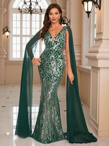 Glittering V-Neck Long Trail Mermaid Dress With Flowing Sleeves For Formal Occasions