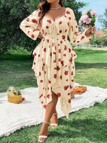 Flirla 大尺碼女性波希米亞風格花卉印花連衣裙,菱形領口,燈籠袖和不對稱下擺 - 杏色 - 查看 3