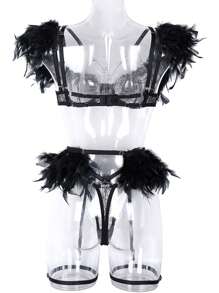 花卉蕾丝钢圈吊袜带内衣套装，坏蛋造型 - 黑色 - 查看 2