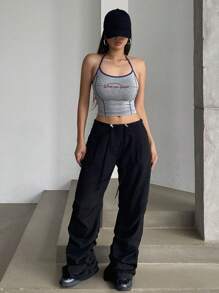 DAZY Women's Letter Printed Colorblock Tank Top With Contrast Stitching Crop Women Tops Halter Top Going Out Tops - Grey - View 6