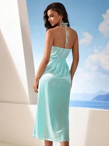 GENKIRA Robe pour femmes avec bretelle croisée au cou, épaules dénudées, dos nu, découpe froncée et taille cintrée - Vert - Voir 2