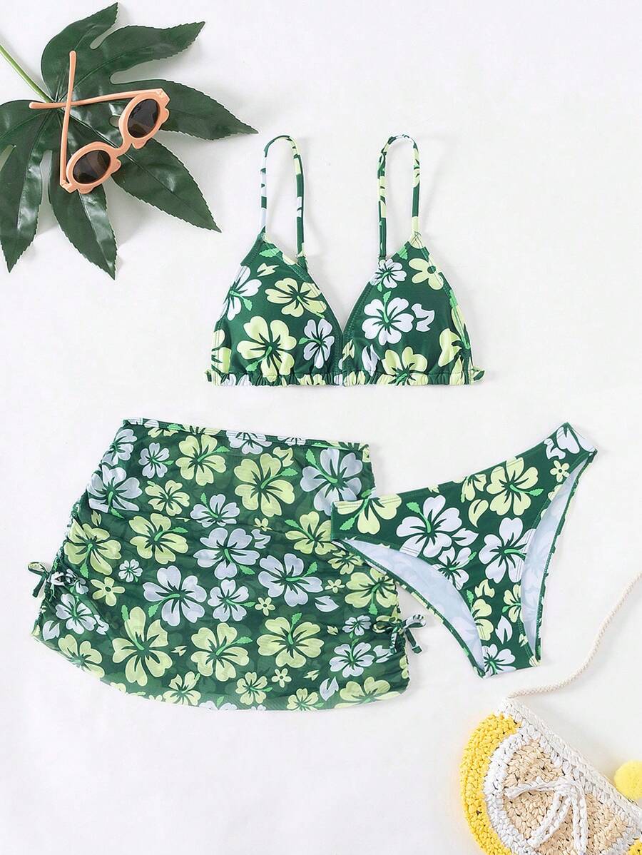 SHEIN Tween Girl Flower Printed Bikini Set 3pcs/Set Summer Beach - Multicolor - View 1