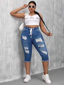 SHEIN SXY Distressed Denim Skinny Hose Mit Hoher Elastizität Und Elastischem Bund Für Damen In Übergröße - Mittele Waschung - Übersicht 6