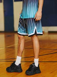 Manfinity NXTstreet Men's Casual Color Block Striped Mesh Shorts,Back To School - Blue - View 4