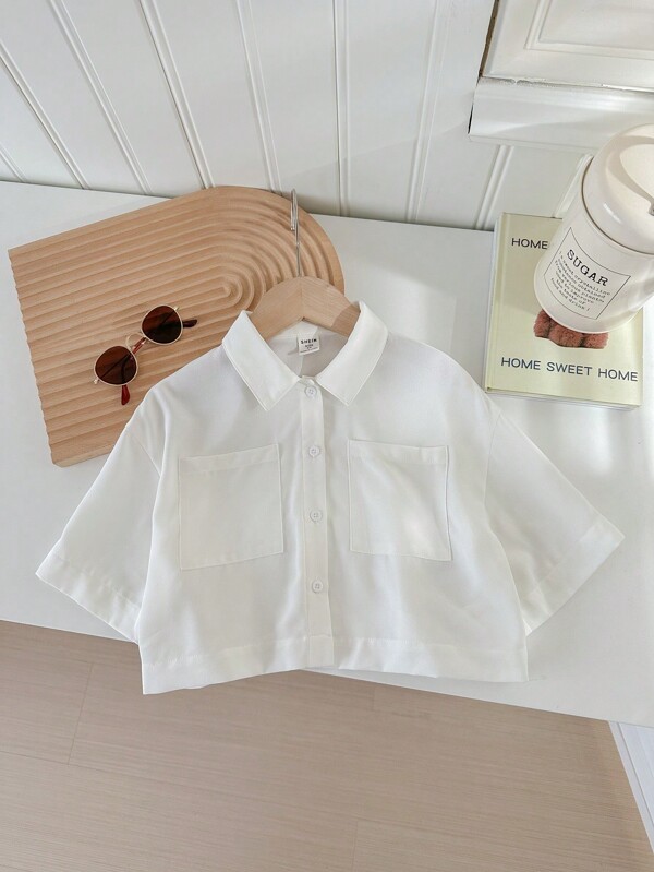 SHEIN LMoss Kids LMoss Young Girl Woven Solid Color Loose Fit Short Casual Shirt