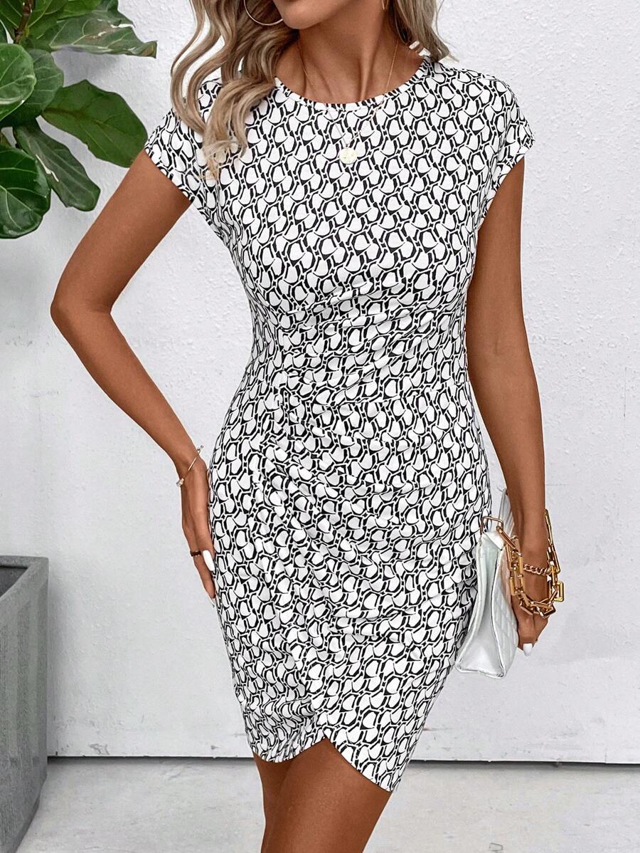 SHEIN Clasi Vestido De Manga Caída Con Hombros Descubiertos Y Estampado Geométrico Para Mujer Con Cintura Ajustada - Blanco - Ver 1