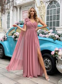 QOQ 甜美浪漫蝴蝶结装饰女士礼服夏季优雅伴娘礼服，适合浪漫婚礼、别致伴娘、晚宴、订婚派对粉色单肩高开叉伴娘长裙 - 粉色 - 查看 1