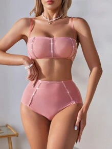 Women's Bra & Panty Lingerie Set With Rhinestone Decoration - Pink - View 5