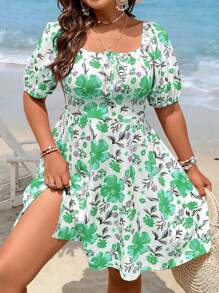 Breezaya Plus Size Floral Printed Square Neck Puff Sleeve Bubble Hem Dress