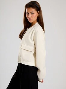 MUSERA Solid Flap Pocket Bomber Jacket - White - View 2