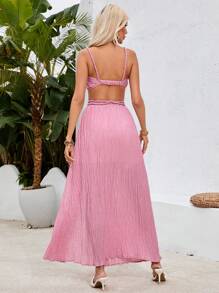 GENKIRA Women's Short Tiered Ruffle Halter Neck Cami Top And Side Slit Midi Skirt Two Piece Set - Pink - View 1