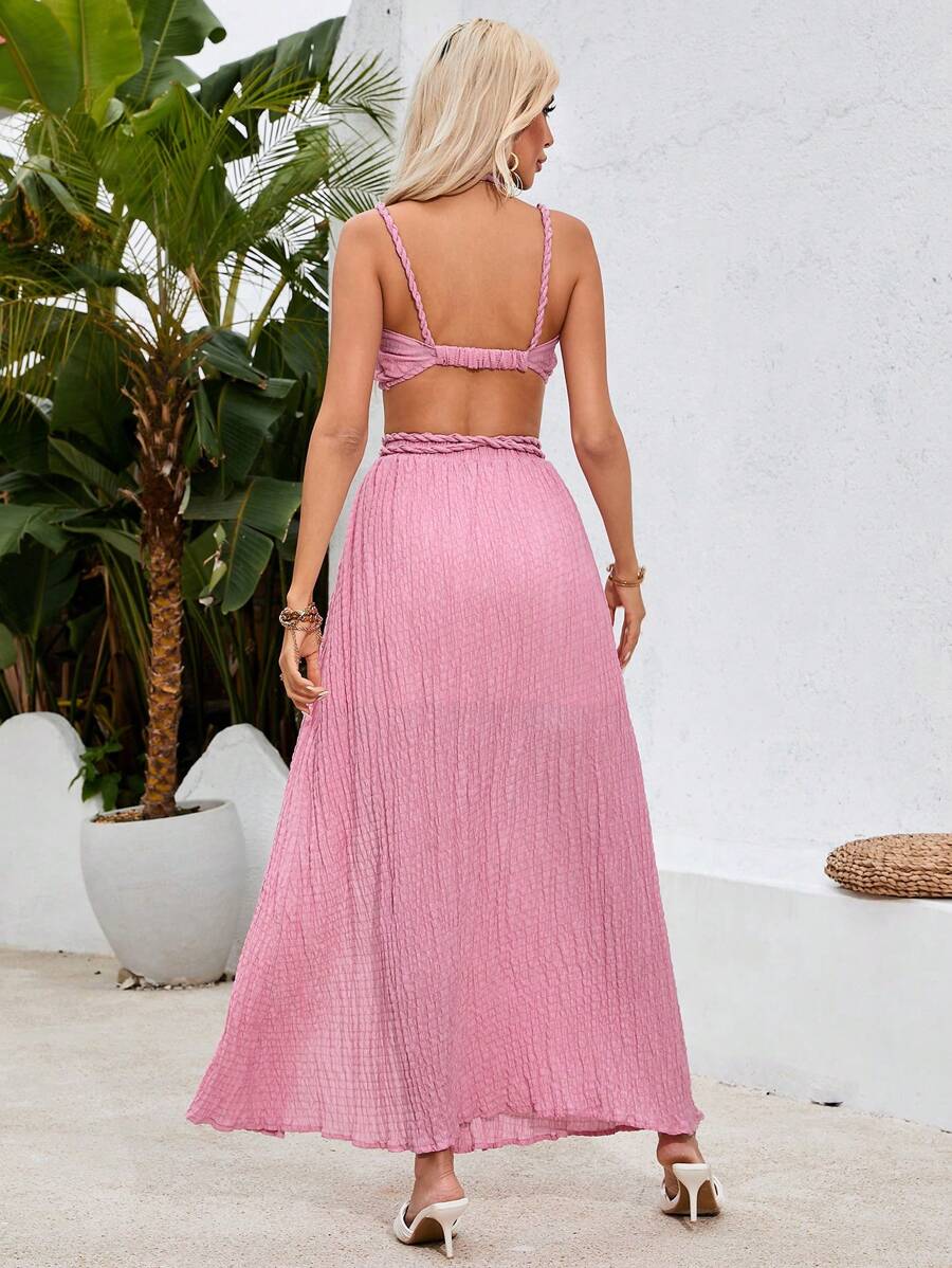 GENKIRA Women's Short Tiered Ruffle Halter Neck Cami Top And Side Slit Midi Skirt Two Piece Set - Pink - View 1