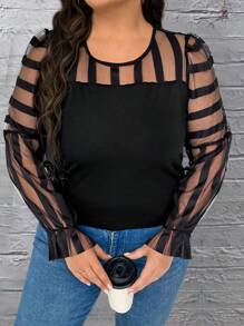 SHEIN Unity 女士加大码透视网眼撞色上衣 - 黑色 - 查看 3