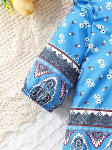 Vintage Floral Print Ruffled Hem Dress For Baby Girl - Blue - View 5