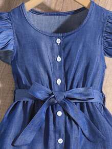 SHEIN Young Girl Ruffle Armhole Belted Dress - Dark Wash - View 4