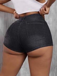 SHEIN SXY Plus Size Denim Stretchy Sexy Ultra-Short Shorts - Black - View 1