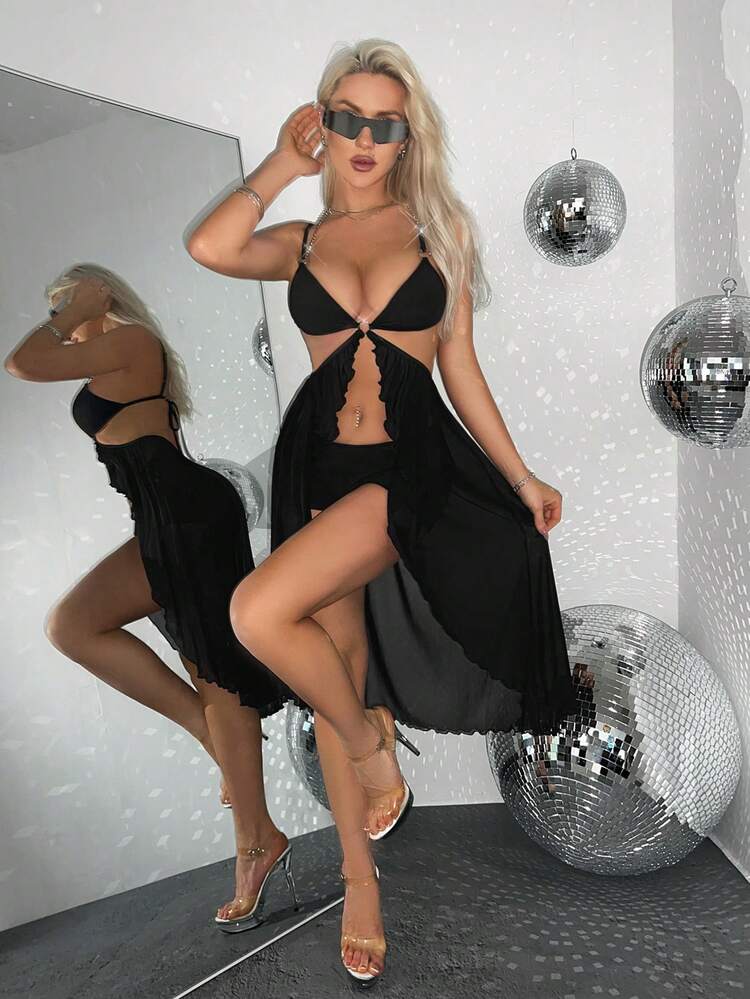 Y2k Summer Women's Chain Trim Triangle Cup Long Asymmetrical Hem Black Cami Tank Top For Music Festival & Party Outfits