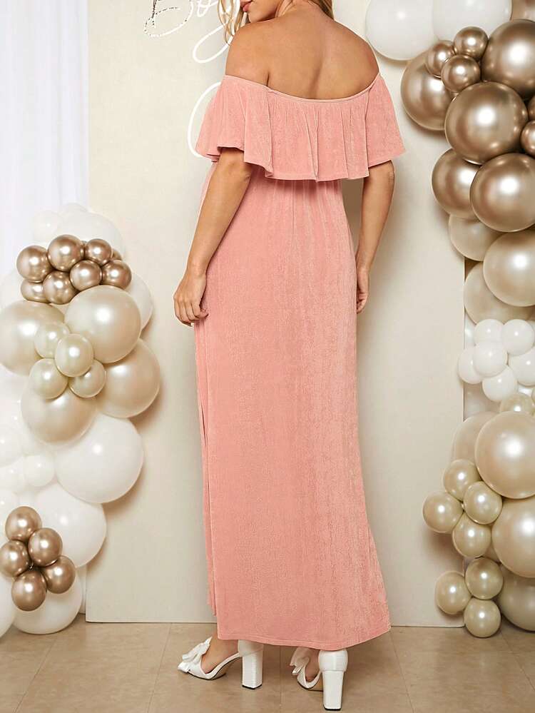 Casual Elegant Romantic Gender Reveal Party Ruffle Off Shoulder Loose Side Slit Maternity Dress For Baby Shower