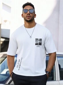 Manfinity Homme Nam Kích thước lớn Ngắn tay Áo thun Với In chữ cái và núi - trắng - Xem 3