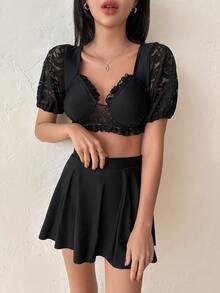 DAZY 泡泡袖设计撞色蕾丝单肩泳衣 - 黑色 - 查看 7