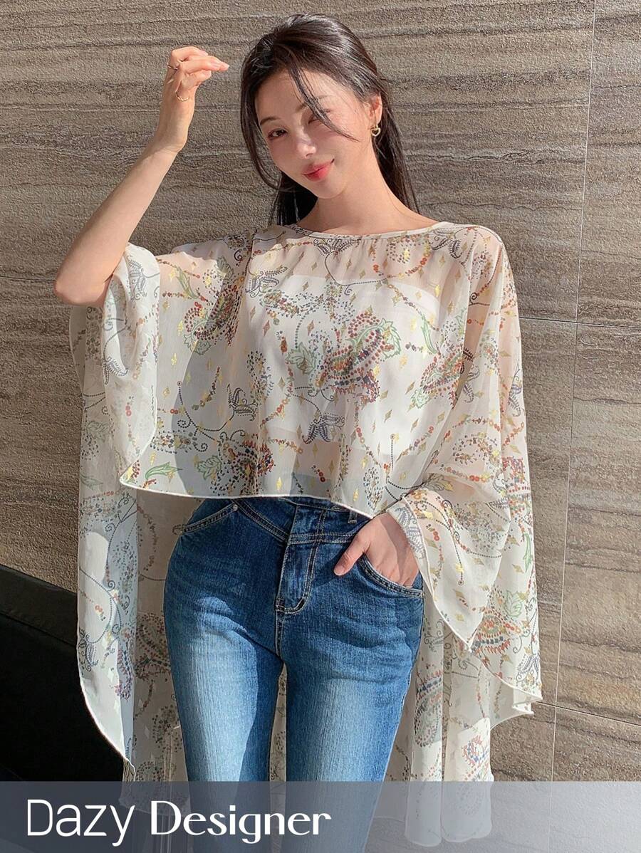 Dazy Designer 女士全印花圓領長袖高低襯衫