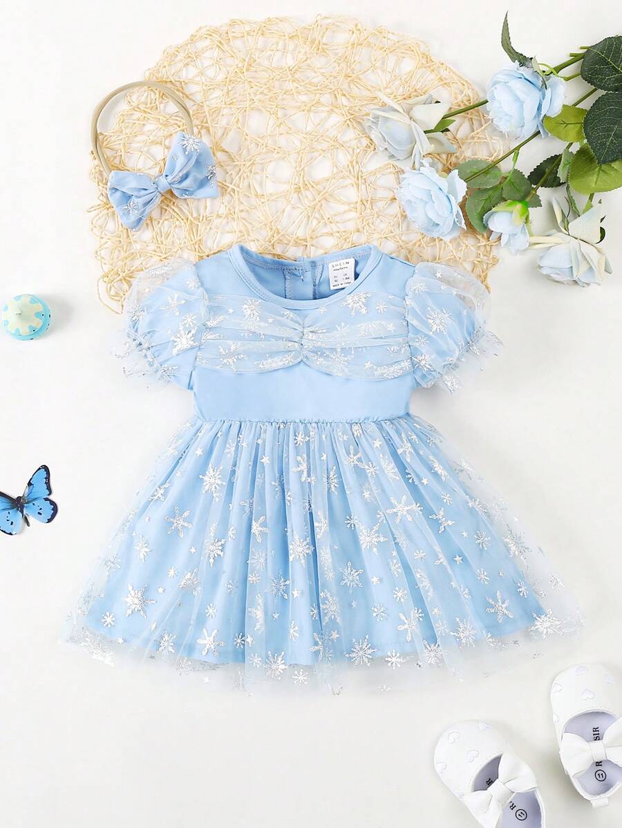 SHEIN Newborn Baby Girl's Fashionable Elegant Silver Foiled Snowflake Tulle Splicing Bubble Sleeve Dress - Blue - View 1