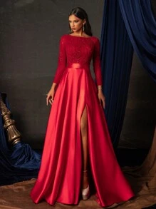 女士亮片缀饰长袖开衩长礼服，高端晚会礼服 - 紅色 - 查看 5