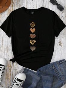 INAWLY 女士心形印花短袖 T 恤 图案 T 恤 女士上衣 - 黑色 - 查看 4