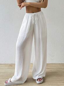 SHEIN EZwear Pantalones largos de mujer de unicolor con nudo a la cintura
