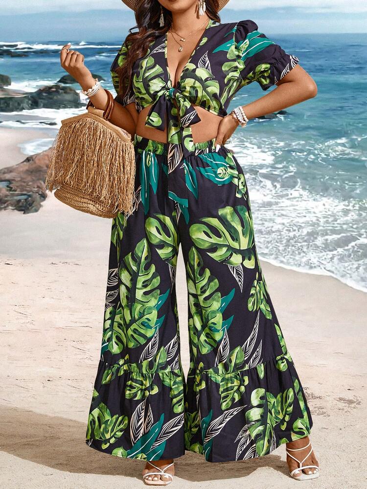 Plus Size Women's Botanical Print Shirt And Wide Leg Pants Two Pieces Set