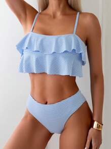 Swim Mod Color Block Striped Two Pieces Bikini Set, Summer Beach - Blue and White - View 5