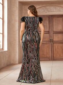 SHEIN Belle 優雅大尺碼女士羽毛裝飾亮片人魚晚禮服 - 黑色 - 查看 7