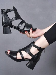 Giày sandal phong cách La Mã mùa hè mới 2025 cho nữ, giày cao gót hở mũi, giày bốt da mềm hở gót giữa mùa hè - màu đen - Xem 3