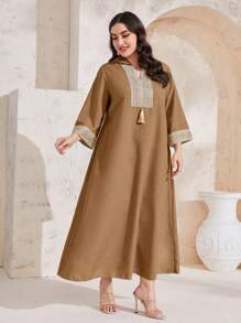 Al Najma Plus Size Hooded Patchwork Knitwear Dress Kaftan Jalabiya Dress - Khaki - View 5