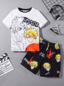 SHEIN 2 cái/bộ Cậu bé Tween Giải trí Mô hình Cartoon Vòng cổ Ngắn tay Áo thun Và Quần short Trang phục mặc nhà - Nhiều màu - Xem 1
