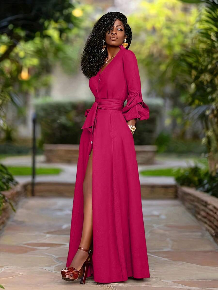 Zolique Solid Color V-Neck Button Front Lantern Sleeve Dress - Hot Pink - View 1