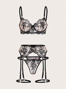 花卉刺繡網紗鋼圈吊帶襪內衣套裝