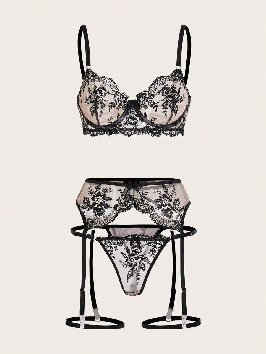 花卉刺繡網紗鋼圈吊帶襪內衣套裝