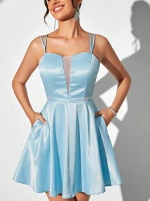 SHEIN Belle Exquisite And Romantic Glitter-Embellished Cami Dress With Crossed Back Straps, Pockets And Perfect For Cocktail Parties - Baby Blue - View 9