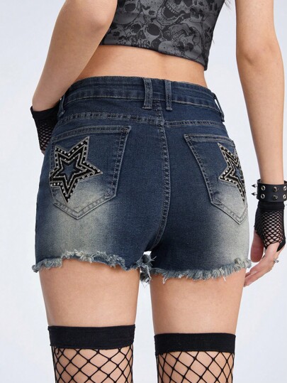 Grunge Punk Punk Style Star & Rhinestone Decor Distressed Denim Shorts For Women