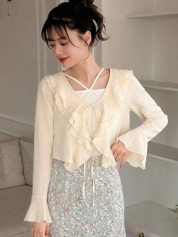 FRIFUL Women's Hem Ruffle Front Tie Blouse